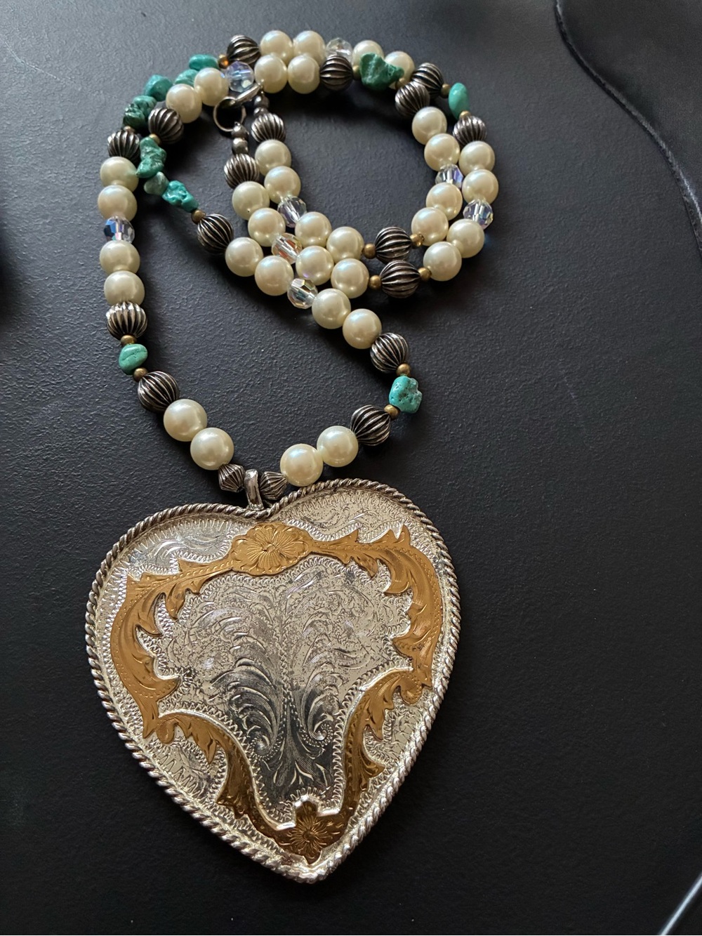 Pearl, Turquoise & Two-Tone Heart Pendant Necklace